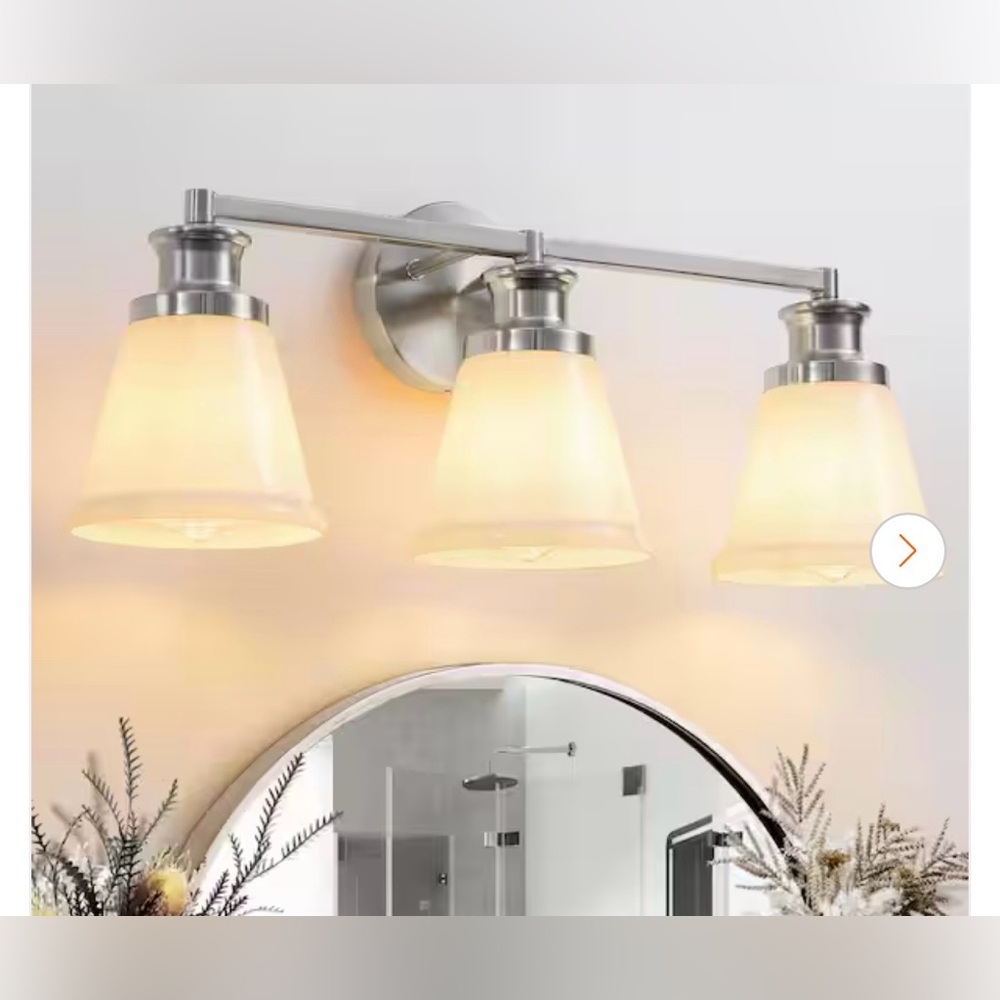 New Three-Light Brushed Nickel Bathroom Vanity Light with Glass Shades